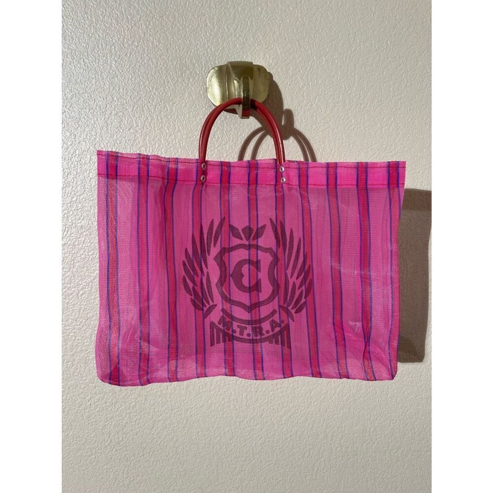 Consuela Pink Striped Tote with Red Handles and Crest